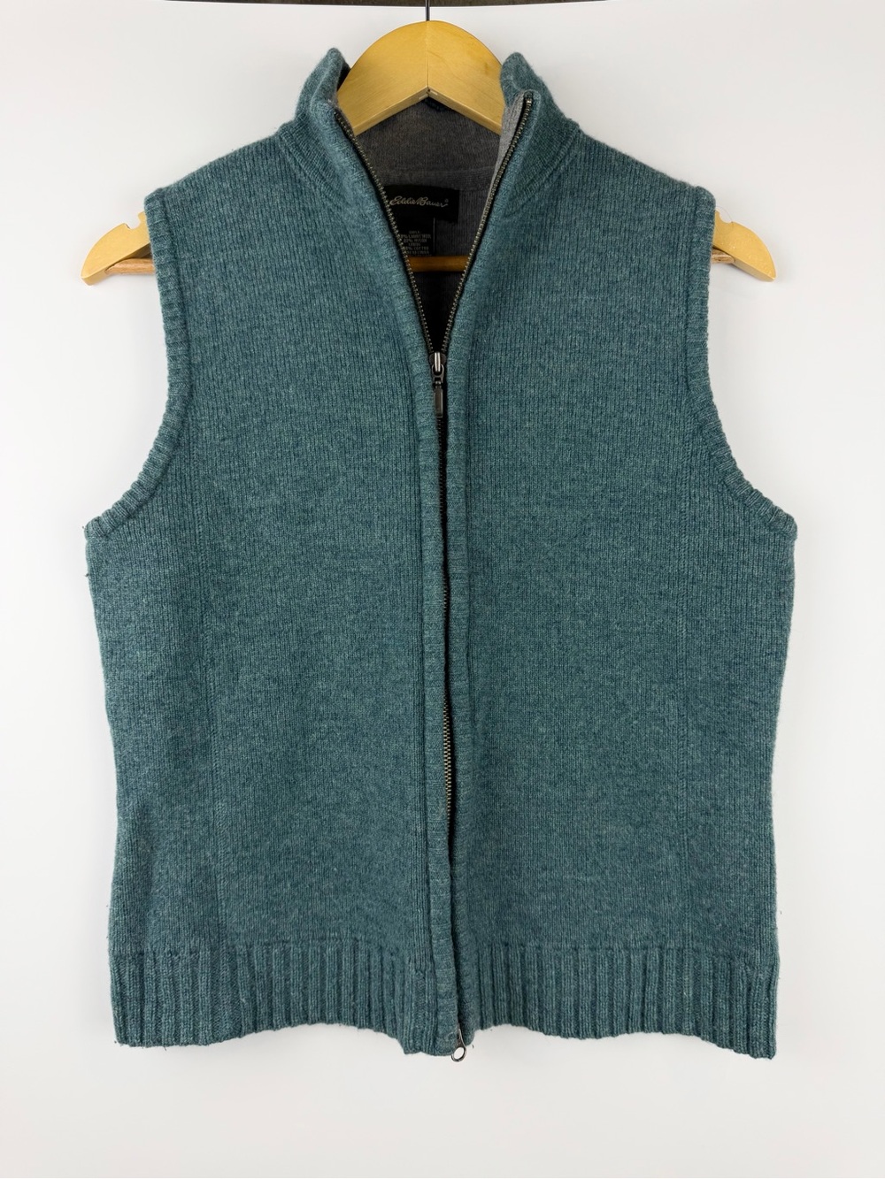 Eddie Bauer Lambswool Full Zip Sweater Vest Teal Cotton Lined Preppy Outdoor